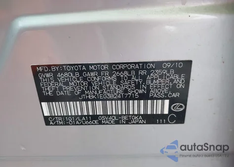 2011 Lexus Es 350 z USA, uszkodzony, nr VIN JTHBK1EG3B2417715